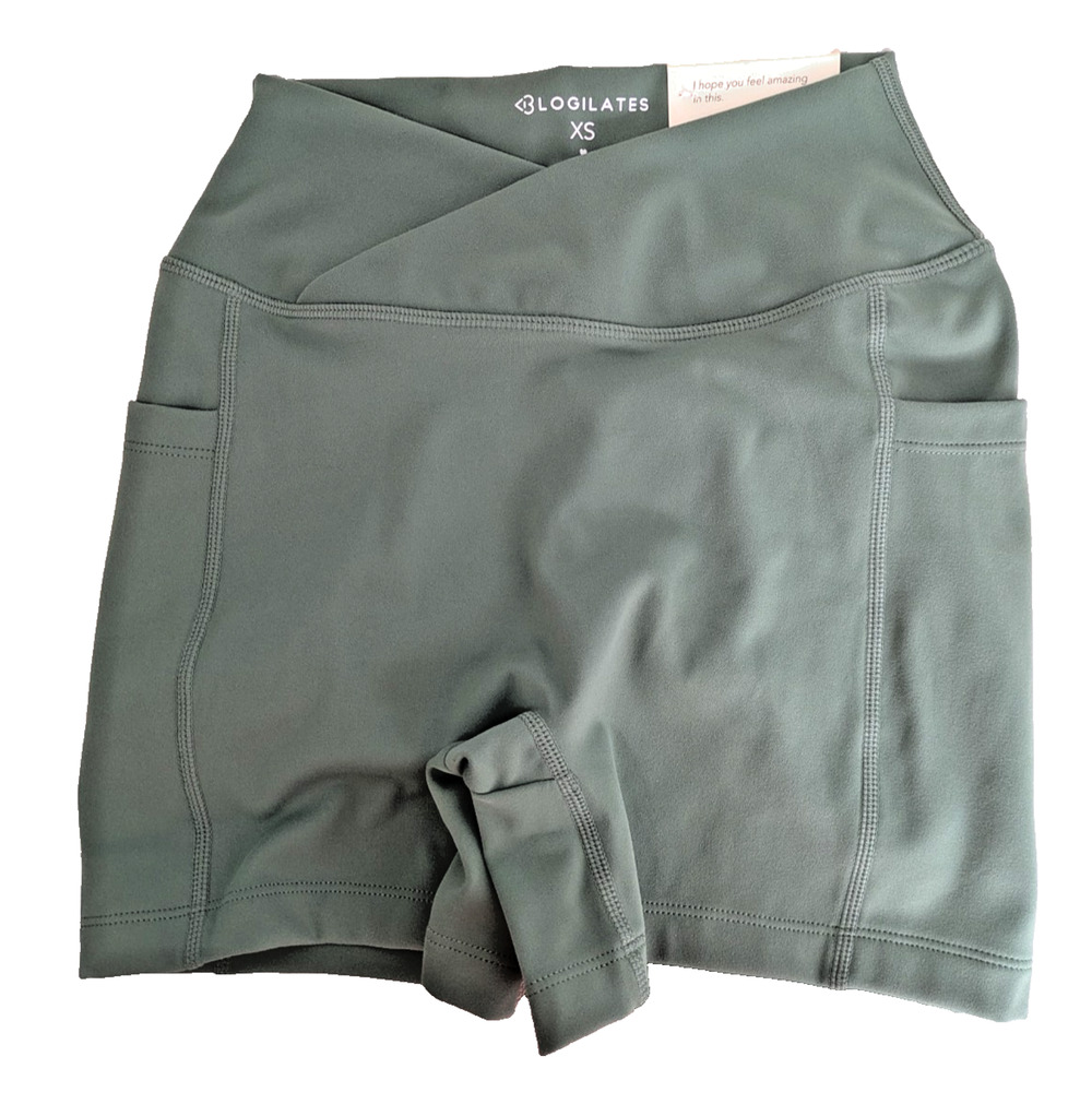 Blogilates Womens Criss Cross Scrunch Bike Shorts Green XS Yoga Exercise